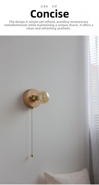 New Japanese Style White Wax Wood Wall Lamp Natural Wood Bedroom Bedside Shop Window Designer Self-contained Pull Switch Wall Lamp