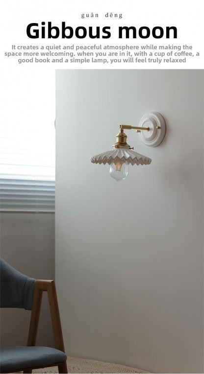 New Japanese pleated wall lamp bedroom bedside Nordic homestay living room background wall designer full copper lamp