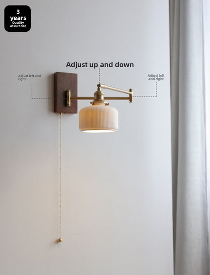 Cross-Border Retro Rotating Wall Lamp Japanese Style Bedside Bedroom Designer with Pull Cord Switch Left and Right Rotatable Long Arm Wall Lamp