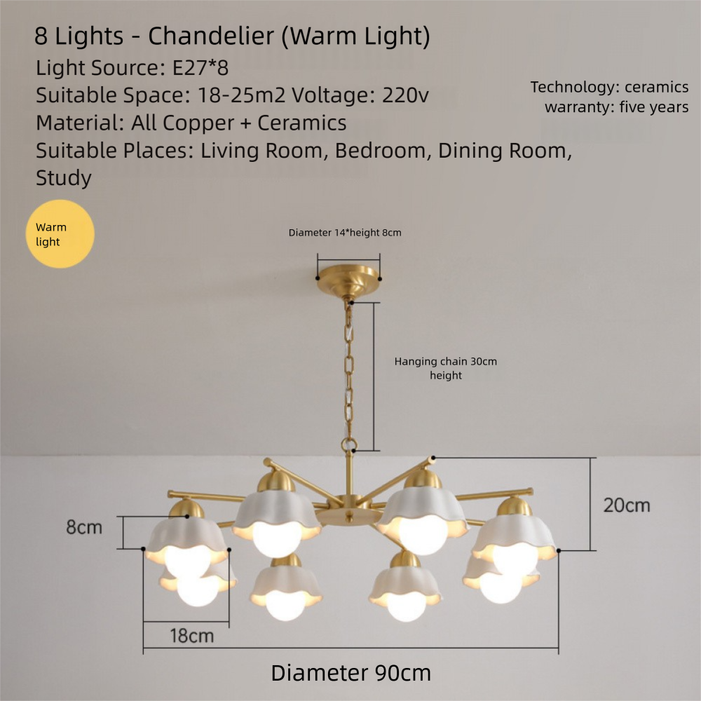 Vintage Living Room Chandelier Ceiling Light Luxury Elegant High-end Palace Style All-copper Ceramic Lighting Dining Room Master Bedroom Lamp