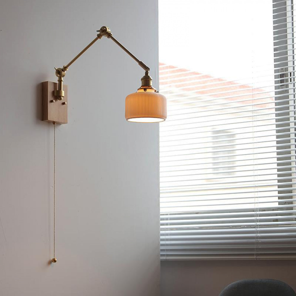 Japanese Ceramic Wall Lamp Nordic Study Bedroom Bedside Lamp Natural Wood with Pull Switch Left-Right Rotating Lamp