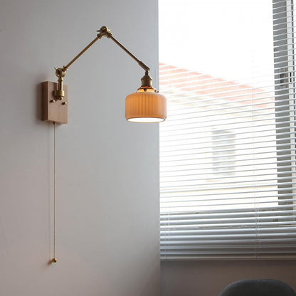 Japanese Ceramic Wall Lamp Nordic Study Bedroom Bedside Lamp Natural Wood with Pull Switch Left-Right Rotating Lamp