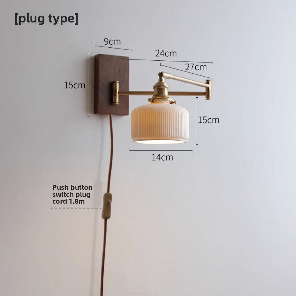 Cross-Border Retro Rotating Wall Lamp Japanese Style Bedside Bedroom Designer with Pull Cord Switch Left and Right Rotatable Long Arm Wall Lamp