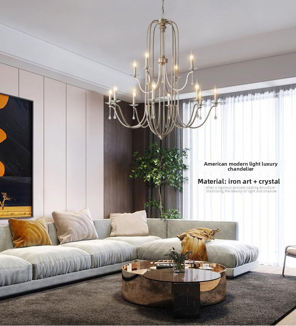 American Style Large Pendant Light for Living Room, Villa, Duplex, French Light Luxury American Iron Art Creative Crystal Homestay Restaurant Lighting