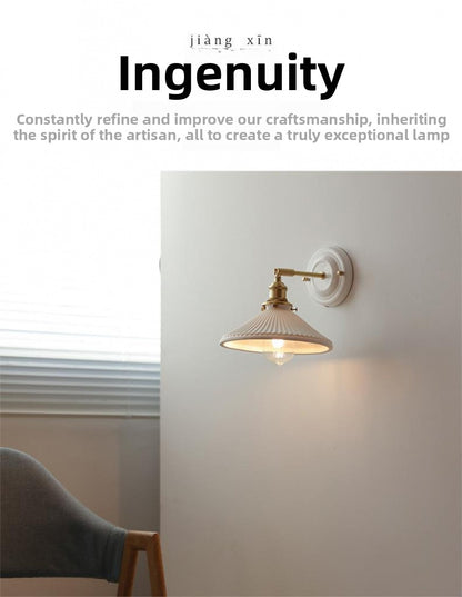 New Japanese pleated wall lamp bedroom bedside Nordic homestay living room background wall designer full copper lamp
