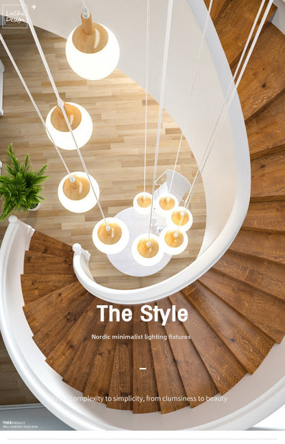 Modern Minimalist Duplex Staircase Long Pendant Light Nordic Creative Stairwell Villa Apartment Magic Bean Rotating Solid Wood Pendant Light