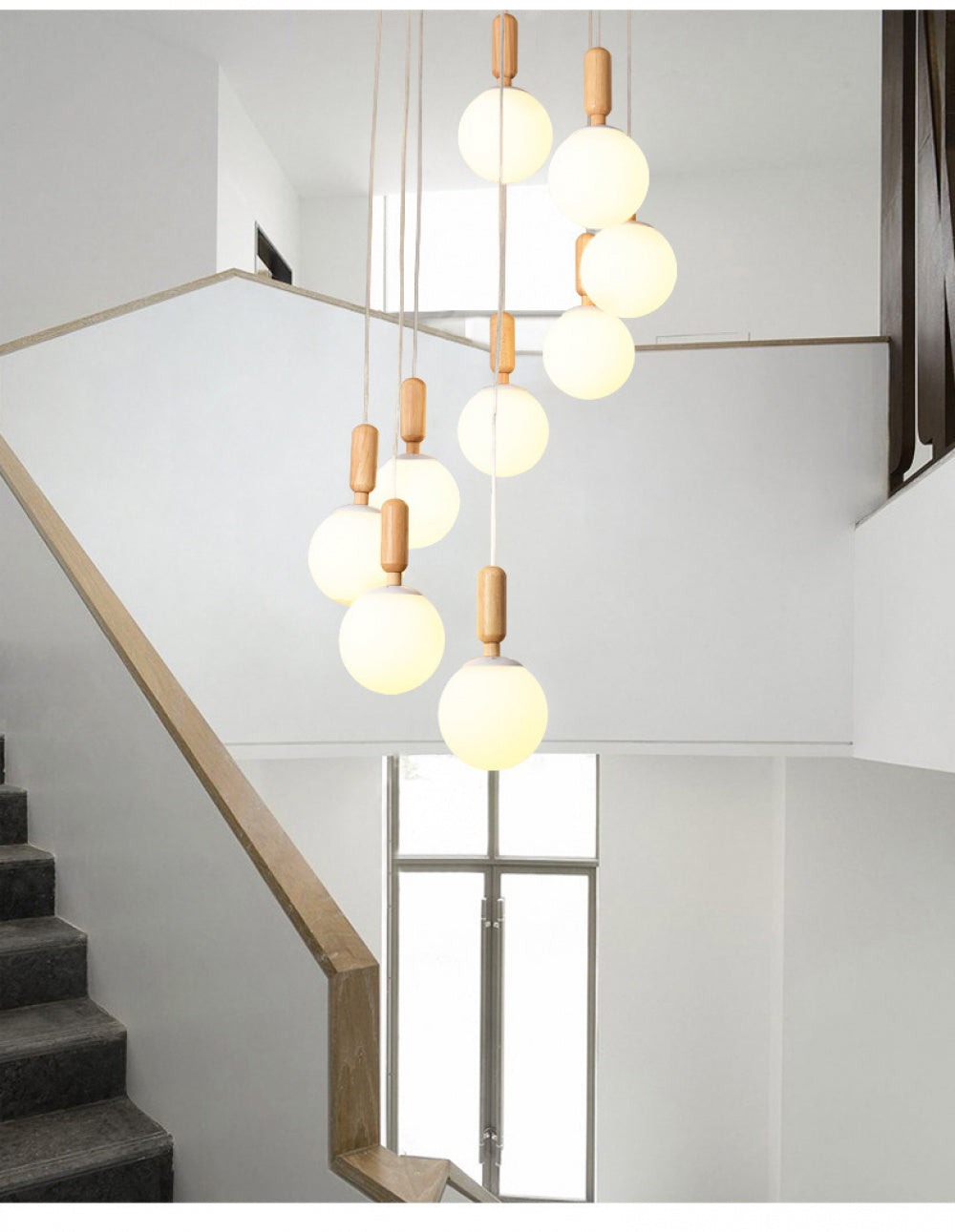 Modern Minimalist Duplex Staircase Long Pendant Light Nordic Creative Stairwell Villa Apartment Magic Bean Rotating Solid Wood Pendant Light