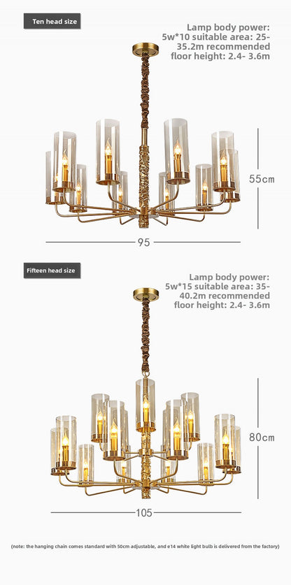 Postmodern Chandelier Full Copper Living Room Lighting High-end Luxurious Atmospheric Home Bedroom Dining Room Light Light Luxury American Style Chandelier