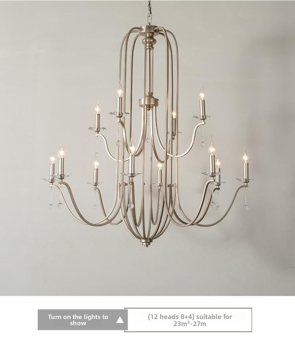 American Style Large Pendant Light for Living Room, Villa, Duplex, French Light Luxury American Iron Art Creative Crystal Homestay Restaurant Lighting