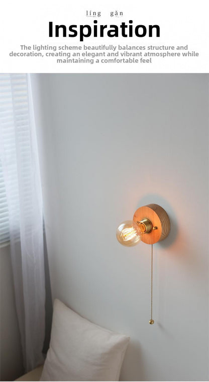 New Japanese Style White Wax Wood Wall Lamp Natural Wood Bedroom Bedside Shop Window Designer Self-contained Pull Switch Wall Lamp