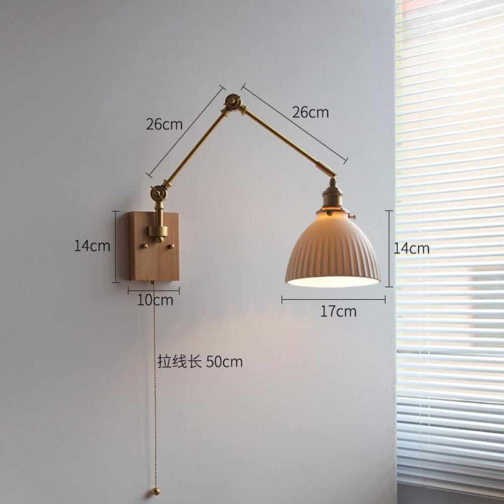 Japanese Ceramic Wall Lamp Nordic Study Bedroom Bedside Lamp Natural Wood with Pull Switch Left-Right Rotating Lamp