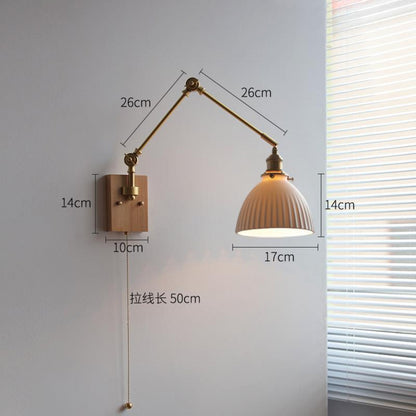 Japanese Ceramic Wall Lamp Nordic Study Bedroom Bedside Lamp Natural Wood with Pull Switch Left-Right Rotating Lamp