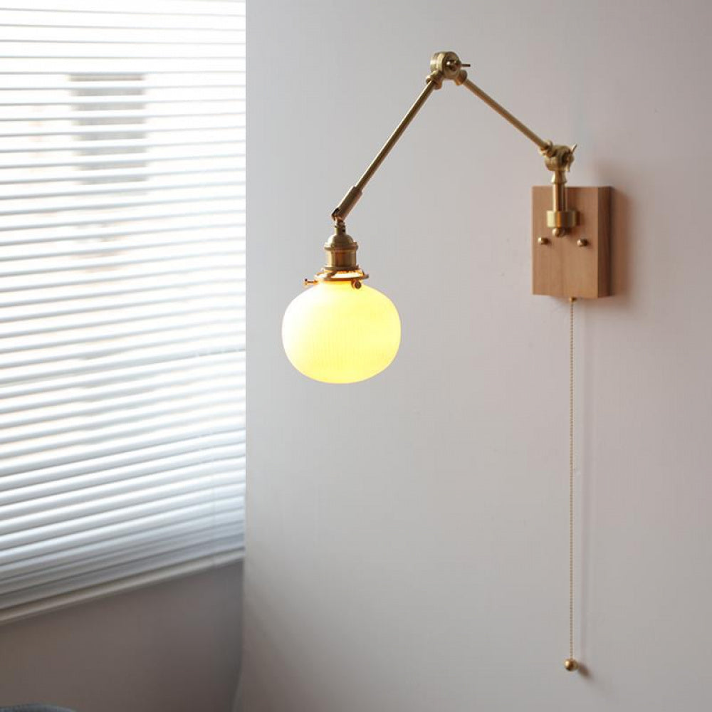 Japanese Ceramic Wall Lamp Nordic Study Bedroom Bedside Lamp Natural Wood with Pull Switch Left-Right Rotating Lamp