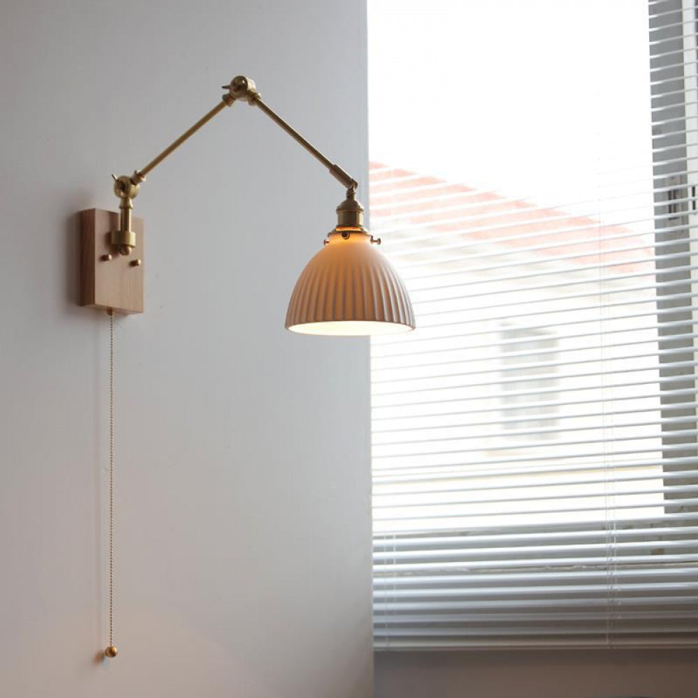 Japanese Ceramic Wall Lamp Nordic Study Bedroom Bedside Lamp Natural Wood with Pull Switch Left-Right Rotating Lamp