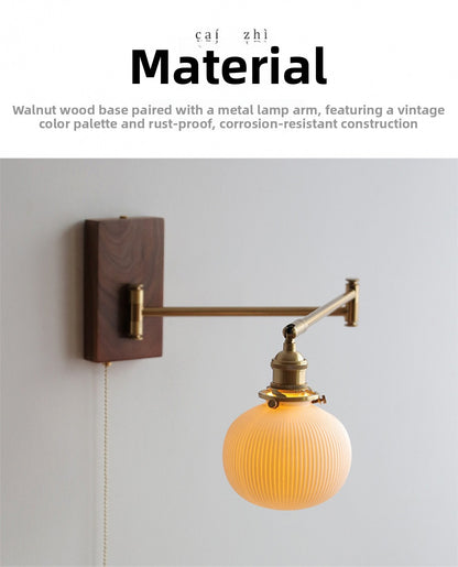 Cross-Border Retro Rotating Wall Lamp Japanese Style Bedside Bedroom Designer with Pull Cord Switch Left and Right Rotatable Long Arm Wall Lamp