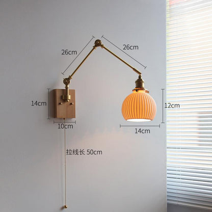 Japanese Ceramic Wall Lamp Nordic Study Bedroom Bedside Lamp Natural Wood with Pull Switch Left-Right Rotating Lamp