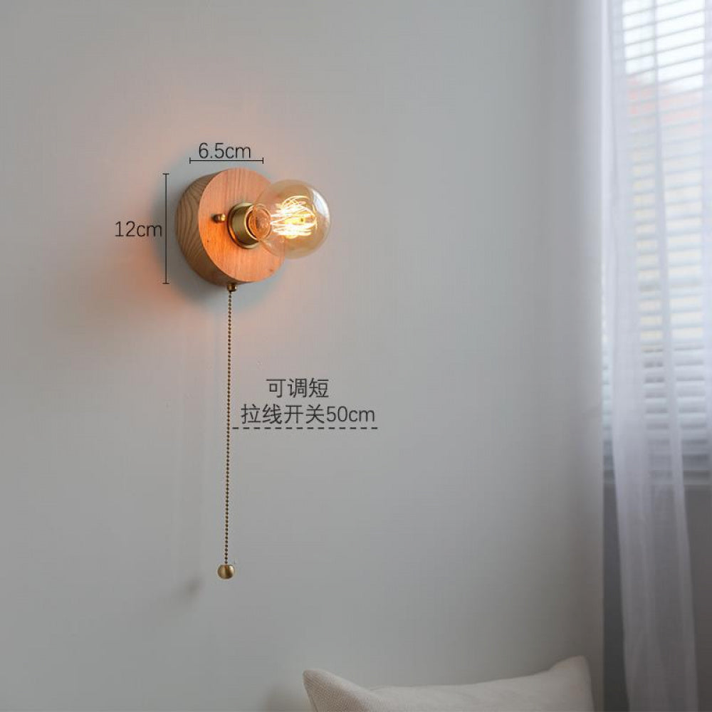 New Japanese Style White Wax Wood Wall Lamp Natural Wood Bedroom Bedside Shop Window Designer Self-contained Pull Switch Wall Lamp