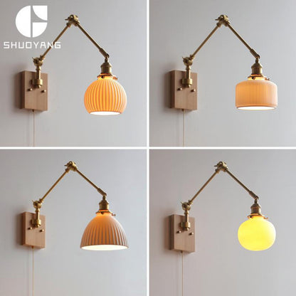 Japanese Ceramic Wall Lamp Nordic Study Bedroom Bedside Lamp Natural Wood with Pull Switch Left-Right Rotating Lamp