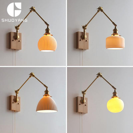 Japanese Ceramic Wall Lamp Nordic Study Bedroom Bedside Lamp Natural Wood with Pull Switch Left-Right Rotating Lamp