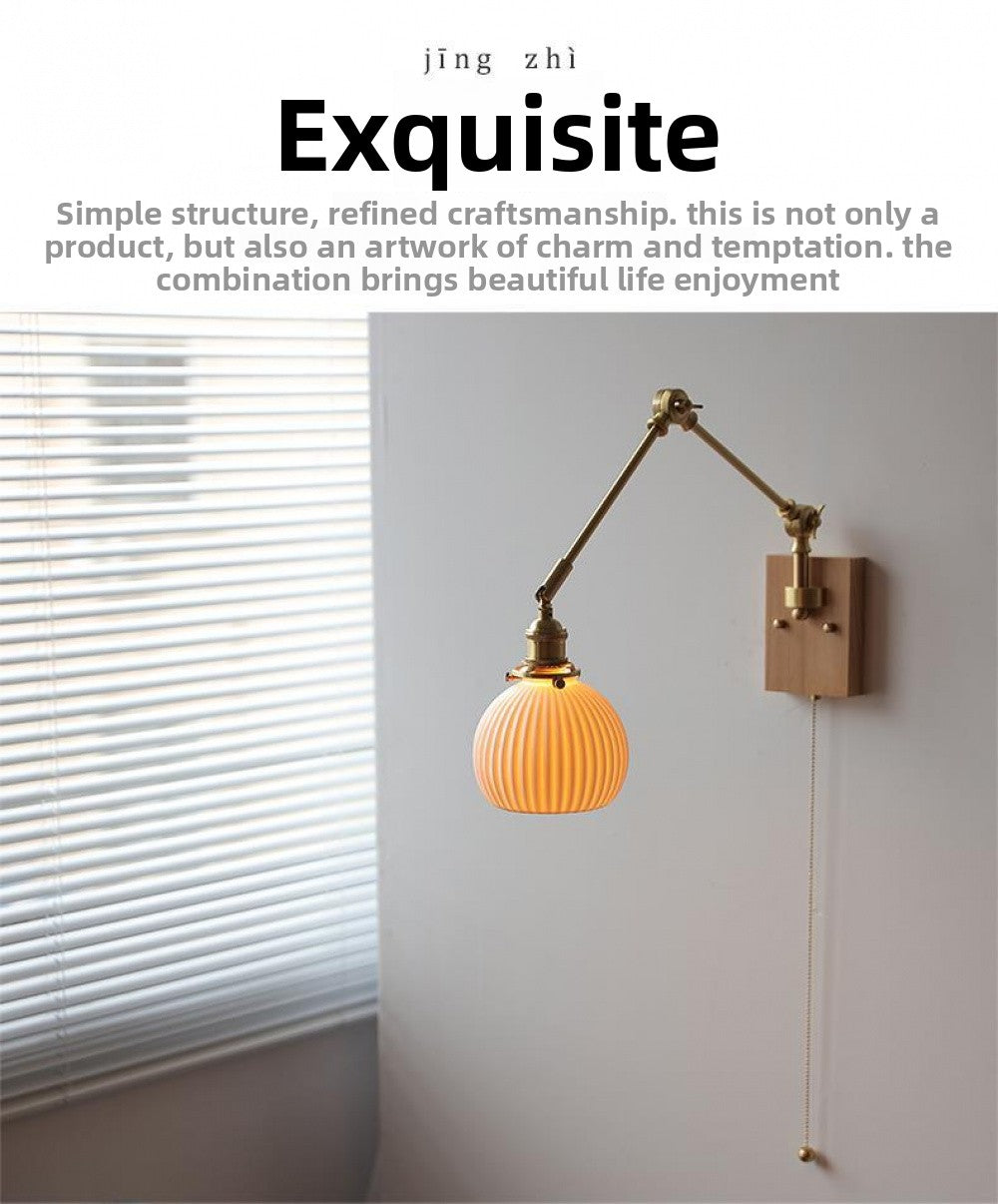 Japanese Ceramic Wall Lamp Nordic Study Bedroom Bedside Lamp Natural Wood with Pull Switch Left-Right Rotating Lamp