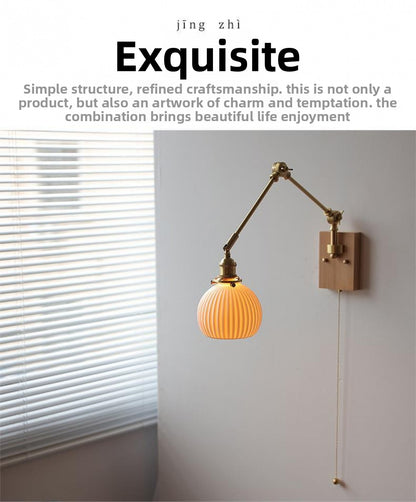 Japanese Ceramic Wall Lamp Nordic Study Bedroom Bedside Lamp Natural Wood with Pull Switch Left-Right Rotating Lamp