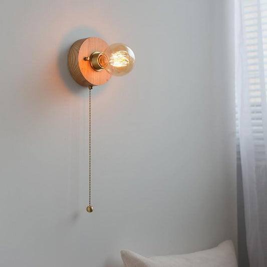 New Japanese Style White Wax Wood Wall Lamp Natural Wood Bedroom Bedside Shop Window Designer Self-contained Pull Switch Wall Lamp