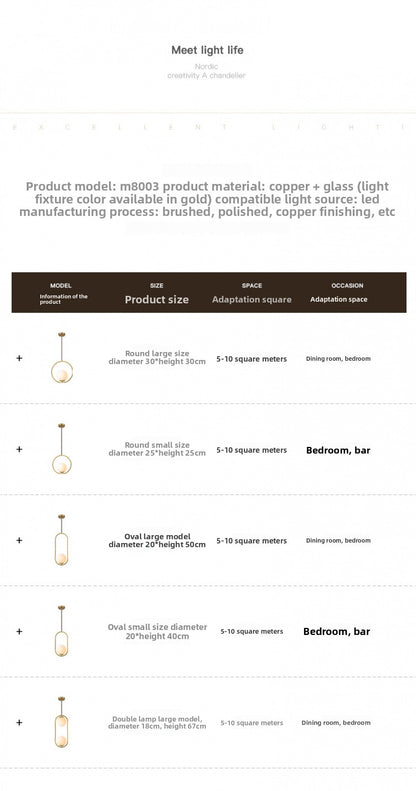Nordic Style Restaurant Pendant Light Single Head Bedroom Bedside Lamp Bar Creative Personality Simple Modern All-Copper Lamp