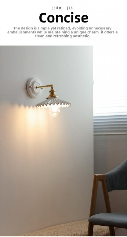 New Japanese pleated wall lamp bedroom bedside Nordic homestay living room background wall designer full copper lamp