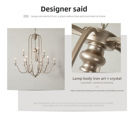 American Style Large Pendant Light for Living Room, Villa, Duplex, French Light Luxury American Iron Art Creative Crystal Homestay Restaurant Lighting