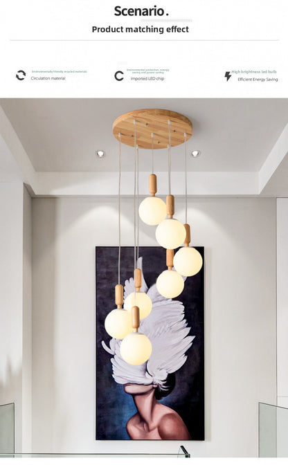 Modern Minimalist Duplex Staircase Long Pendant Light Nordic Creative Stairwell Villa Apartment Magic Bean Rotating Solid Wood Pendant Light