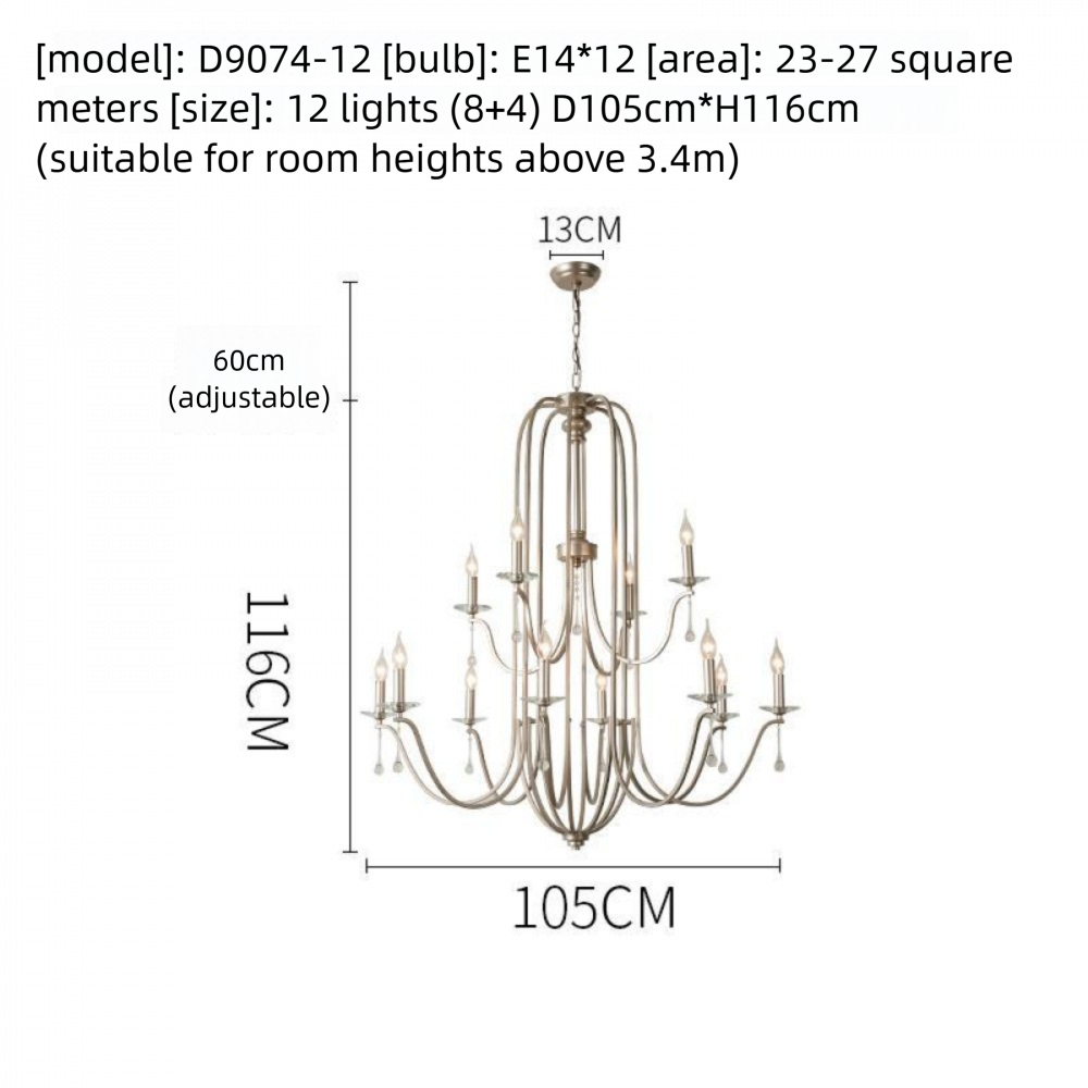 American Style Large Pendant Light for Living Room, Villa, Duplex, French Light Luxury American Iron Art Creative Crystal Homestay Restaurant Lighting