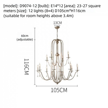 American Style Large Pendant Light for Living Room, Villa, Duplex, French Light Luxury American Iron Art Creative Crystal Homestay Restaurant Lighting