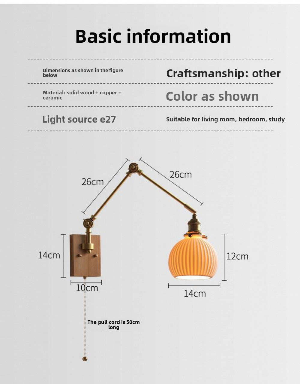 Japanese Ceramic Wall Lamp Nordic Study Bedroom Bedside Lamp Natural Wood with Pull Switch Left-Right Rotating Lamp