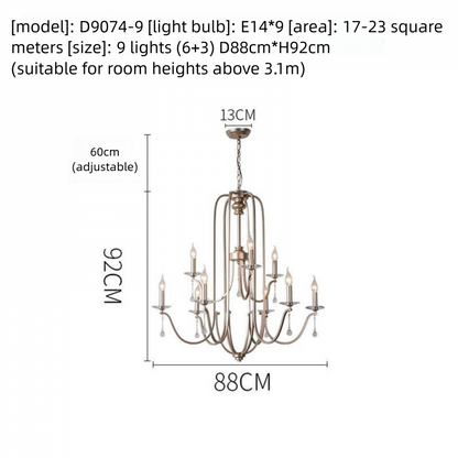 American Style Large Pendant Light for Living Room, Villa, Duplex, French Light Luxury American Iron Art Creative Crystal Homestay Restaurant Lighting