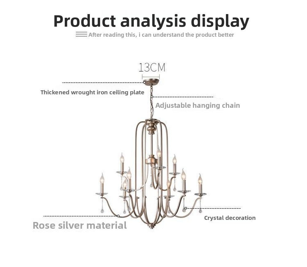 American Style Large Pendant Light for Living Room, Villa, Duplex, French Light Luxury American Iron Art Creative Crystal Homestay Restaurant Lighting