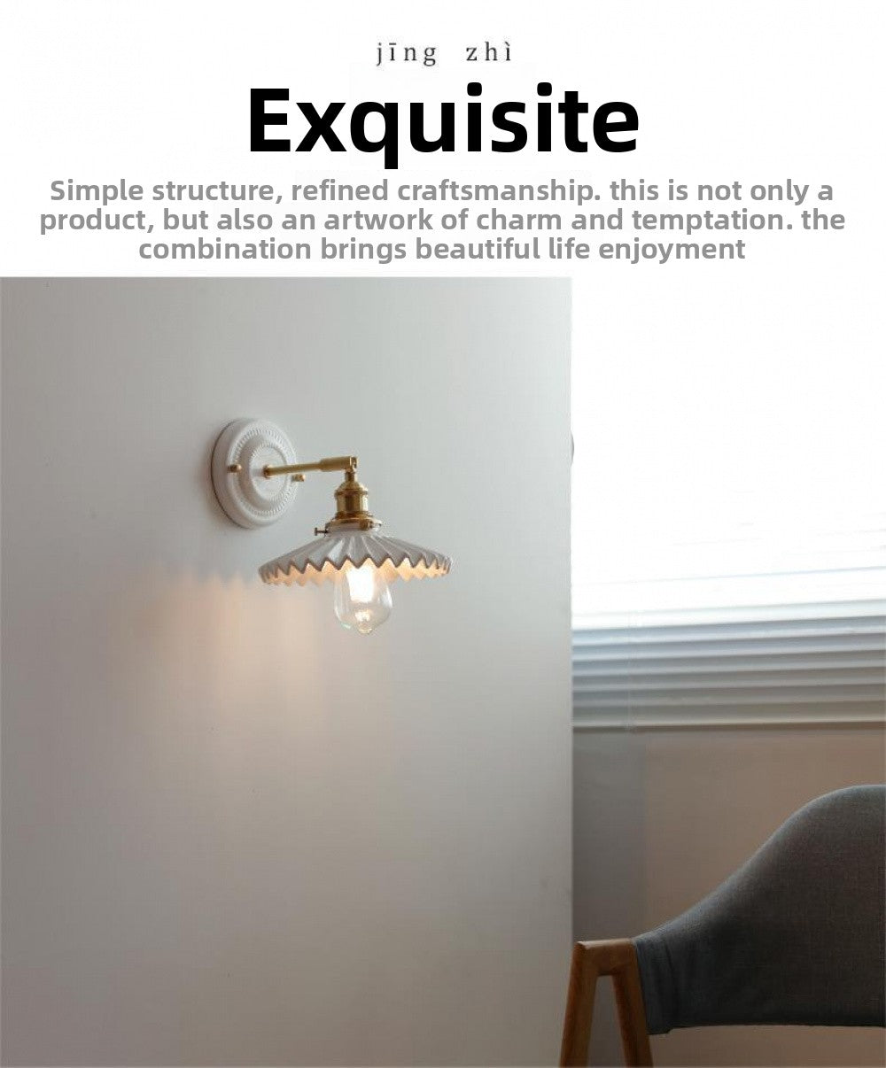 New Japanese pleated wall lamp bedroom bedside Nordic homestay living room background wall designer full copper lamp