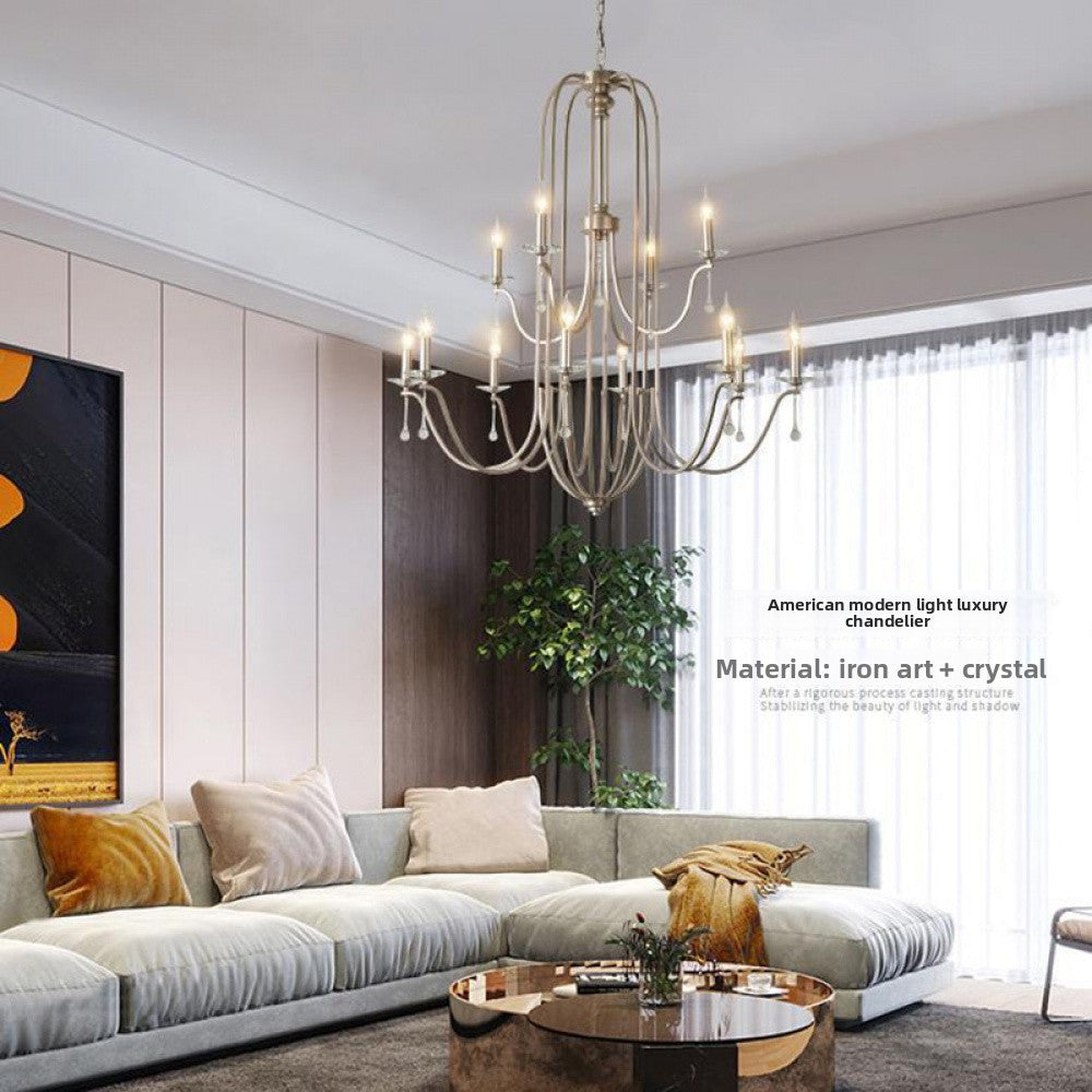 American Style Large Pendant Light for Living Room, Villa, Duplex, French Light Luxury American Iron Art Creative Crystal Homestay Restaurant Lighting