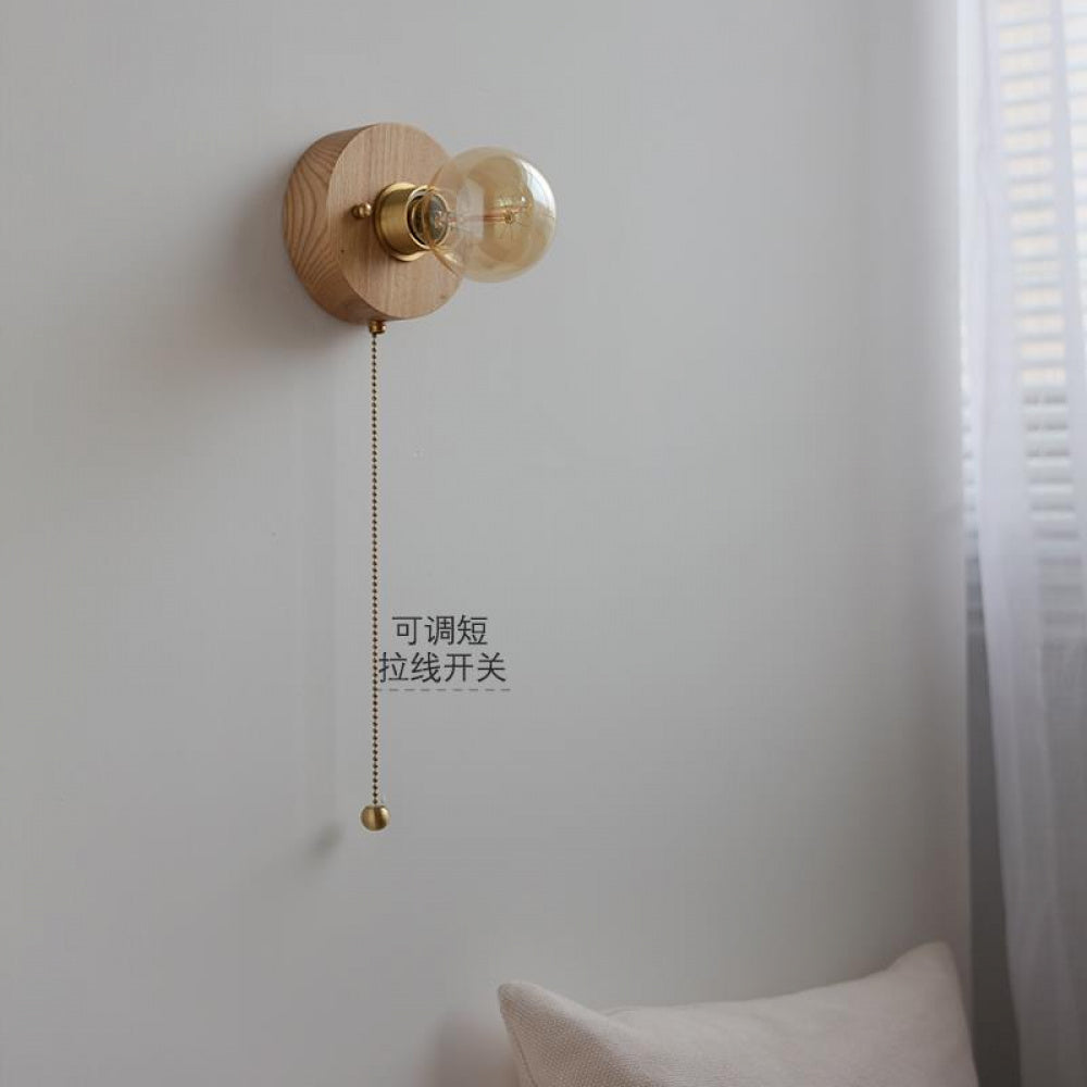 New Japanese Style White Wax Wood Wall Lamp Natural Wood Bedroom Bedside Shop Window Designer Self-contained Pull Switch Wall Lamp