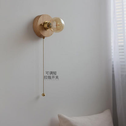 New Japanese Style White Wax Wood Wall Lamp Natural Wood Bedroom Bedside Shop Window Designer Self-contained Pull Switch Wall Lamp