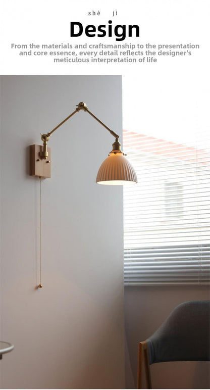 Japanese Ceramic Wall Lamp Nordic Study Bedroom Bedside Lamp Natural Wood with Pull Switch Left-Right Rotating Lamp