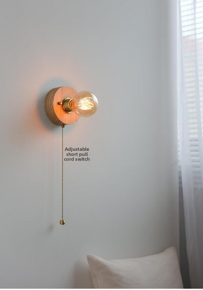 New Japanese Style White Wax Wood Wall Lamp Natural Wood Bedroom Bedside Shop Window Designer Self-contained Pull Switch Wall Lamp