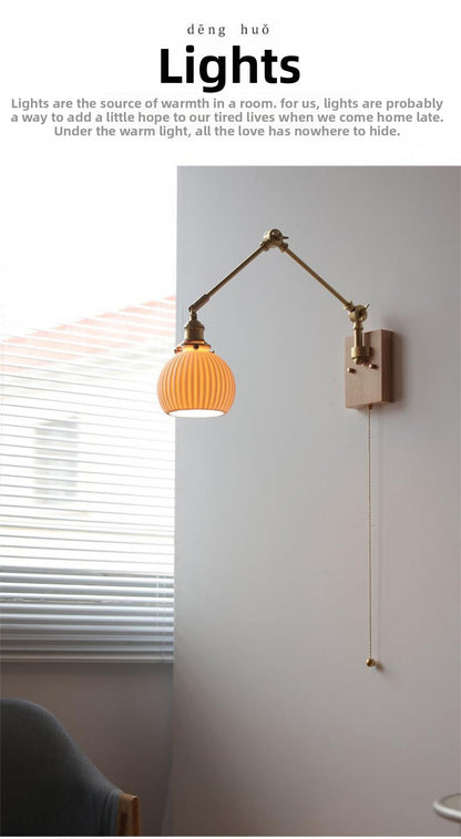 Japanese Ceramic Wall Lamp Nordic Study Bedroom Bedside Lamp Natural Wood with Pull Switch Left-Right Rotating Lamp