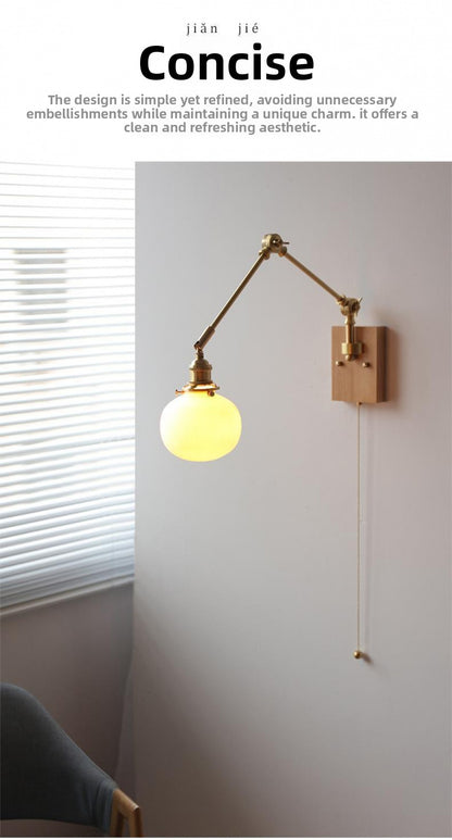 Japanese Ceramic Wall Lamp Nordic Study Bedroom Bedside Lamp Natural Wood with Pull Switch Left-Right Rotating Lamp
