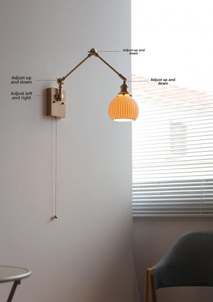 Japanese Ceramic Wall Lamp Nordic Study Bedroom Bedside Lamp Natural Wood with Pull Switch Left-Right Rotating Lamp